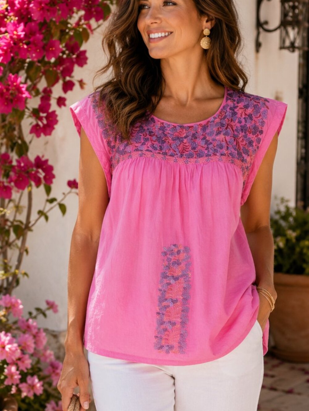 J. Marie Steph Embroidered Cotton Top Pink Floral Boho Blouse Large